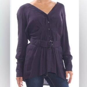 Free People Deep Purple Button-Front Belted Blouse